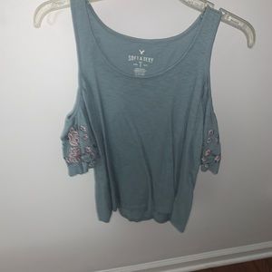 American Eagle open shoulder embroidered tee shirt